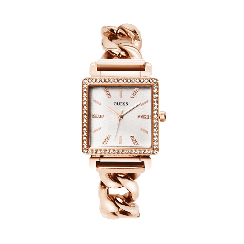 GUESS  手錶 | 方形造型水鑽女錶 - 玫瑰金殼x鏈式不銹鋼錶帶 W1030L4