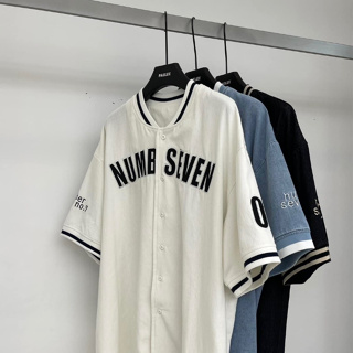 [BERTON] 韓國 NUMB SEVEN 球衣 英文 字體 LOGO 標語 牛仔螺紋水洗 厚磅球衣 外套 襯衫