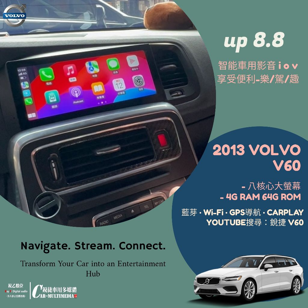 銳捷車用多媒體 2013 volvo v60 s60 v50 v40 原車升級8.8吋智能影音主機 保留原車系統