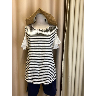 白色橫條蕾絲露肩短袖長板上衣#35冰uniqlo藍色襯衫布短褲子