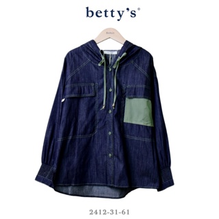 betty’s專櫃款(41)跳色壓線連帽抽繩牛仔襯衫(深藍)