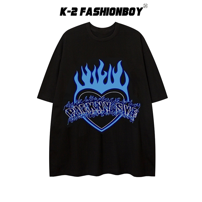 【K-2】PIEKNY SYF 愛心 火焰 潮流 短T 落肩 寬鬆 青色火焰 復古 Y2K K2 衣服【K686】