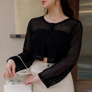 AIR SPACE PLUS 洞洞鏤空短版針織衫(黑/淺藍) 女裝 現貨 大尺碼 中大尺碼 棉花糖女孩