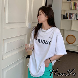 【HanVo】FRIDAY印花寬鬆圓領T恤 吸濕排汗透氣親膚棉質上衣 韓系女裝 女生衣著 0210