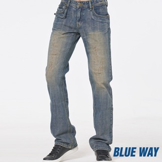 BLUE WAY - 男款 腰帶刷破丹寧中直筒褲