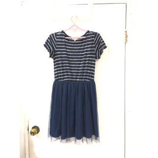 A5(瑕疵福利品）品牌Home Shop 短袖深藍色條紋拼接網紗小洋裝S