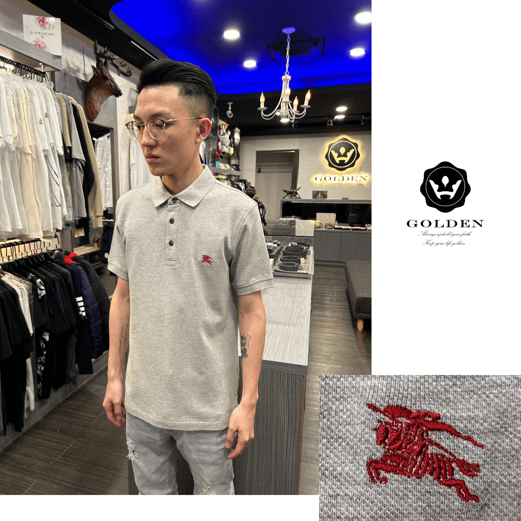 【𝐆𝐎𝐋𝐃𝐄𝐍 中壢店】BURBERRY 胸前刺繡戰馬小LOGO領口內格紋POLO衫