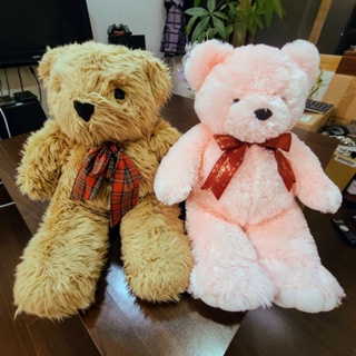 「 二手收藏品 」德國赫爾曼 HERMANN 泰迪熊 Teddy Bear 菱格蝴蝶結棕色泰迪熊＆情人蝴蝶結粉色泰迪熊。