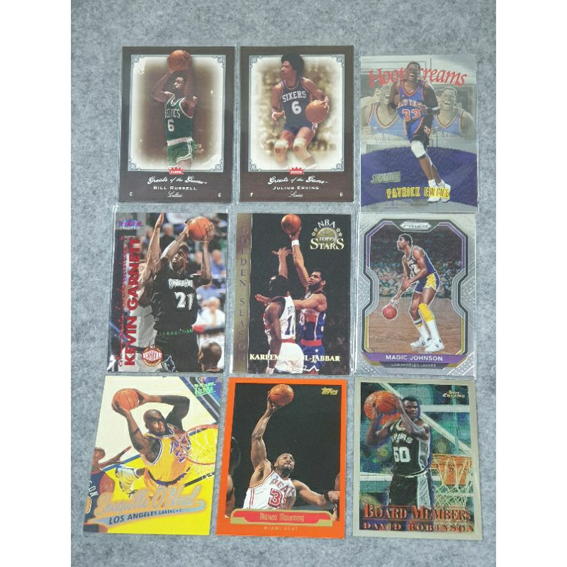 NBA名人堂球員卡9張合售，有Ewing、大歐、賈霸、魔術、KG、Russell、Erving、Mourning等人