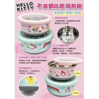 玲玲購物史迪奇 正版Kitty～不鏽鋼防滑附蓋隔熱碗 波力 安寶 POLI 不鏽鋼防滑碗 幼稚園餐碗 不鏽鋼圓型保鮮餐碗