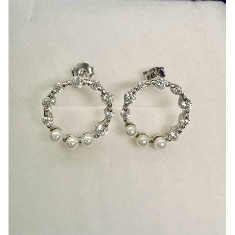 香港正生銀飾❤️925純銀 圈圈鑲鑽珍珠長耳環 銀針耳環