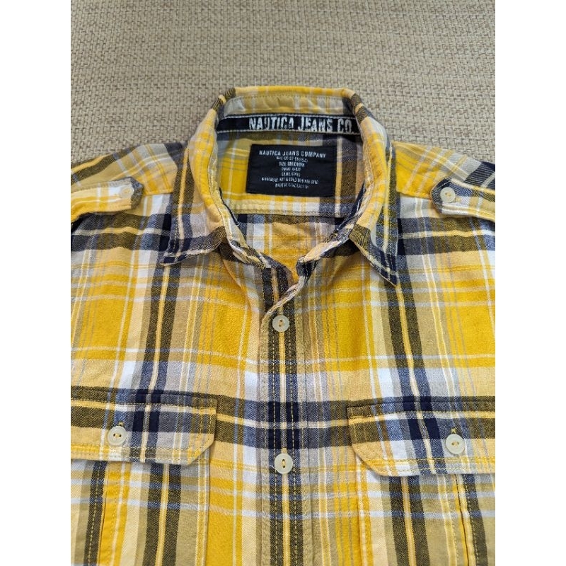 Nautica 黃色軍裝格子襯衫 休閒棉質格紋襯衫 L號 XL號
