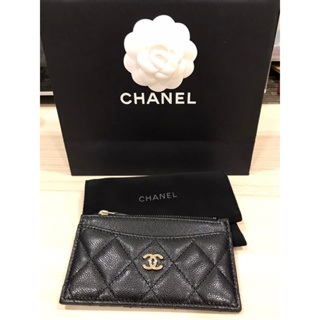 CHANEL 香奈兒 經典銀色雙C LOGO菱格粒紋牛皮拉鍊卡夾/零錢包