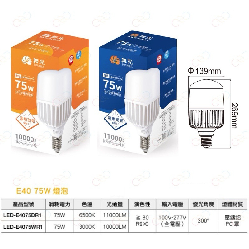 好時光～舞光 LED 75W E40 燈泡 無藍光危害 高光效 全電壓 白光 黃光 電燈泡