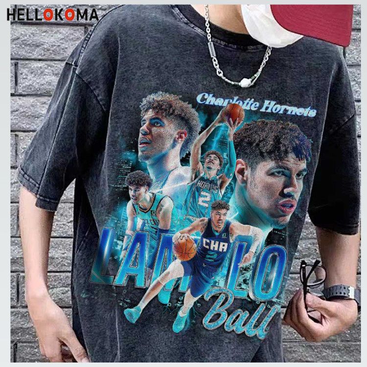 台灣出貨  1-4天 HK新款LaMelo Ball黃蜂隊三球鮑爾水洗美式街頭籃球衣短袖T恤潮