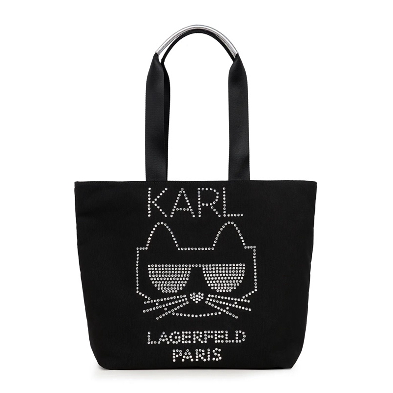 Karl Lagerfeld 卡爾 黑色水鑽貓咪大款帆布包