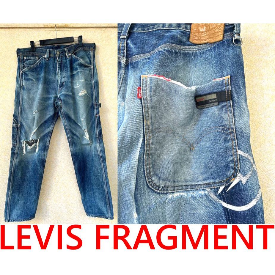 BLACK美中古LEVIS x FRAGMENT藤原浩FENOM水洗破壞白圓閃工裝丹寧褲牛王