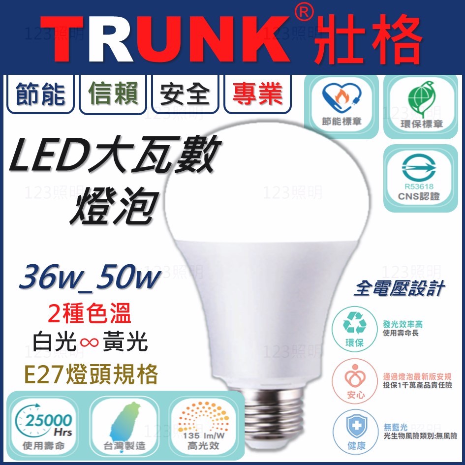 123照明 台灣品牌 壯格 LED 大瓦數燈泡 36瓦 50瓦 省電燈泡 CNS國家認證 LED 燈泡 球泡 節能標章