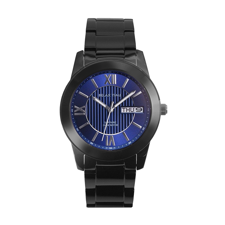 Relax time 紳士系列 黑框 藍面簡約款 日期顯示英文+西班牙文 男錶 中性錶款-藍 (RT-102-5B)