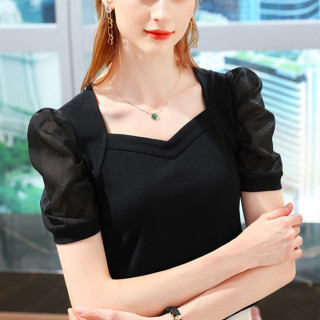 胖胖美依 冰絲T恤 短袖T恤 針織上衣 大碼上衣M-4XL新款夏季短袖體恤法式宮廷風泡泡袖上衣4F120-2049.