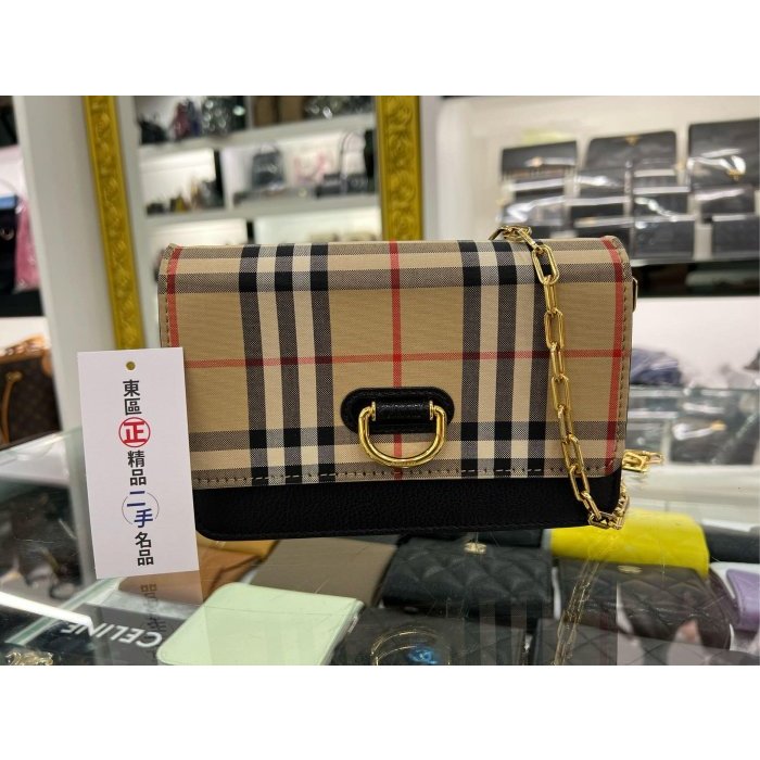 東區正精品㊣BURBERRY 8095301 WOC 黑色皮革拼格紋金環翻蓋手拿包肩背包斜背包 RZ4643