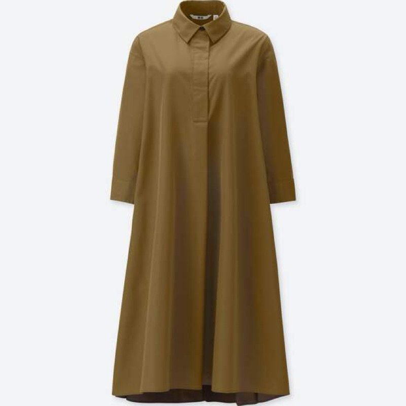 [二手］Uniqlo A line襯衫洋裝 棕/卡其色 M號