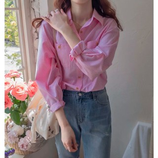 DREAM COLOR KR 一件免運 韓國代購 正韓女裝 清新木質紐扣口袋條紋襯衫