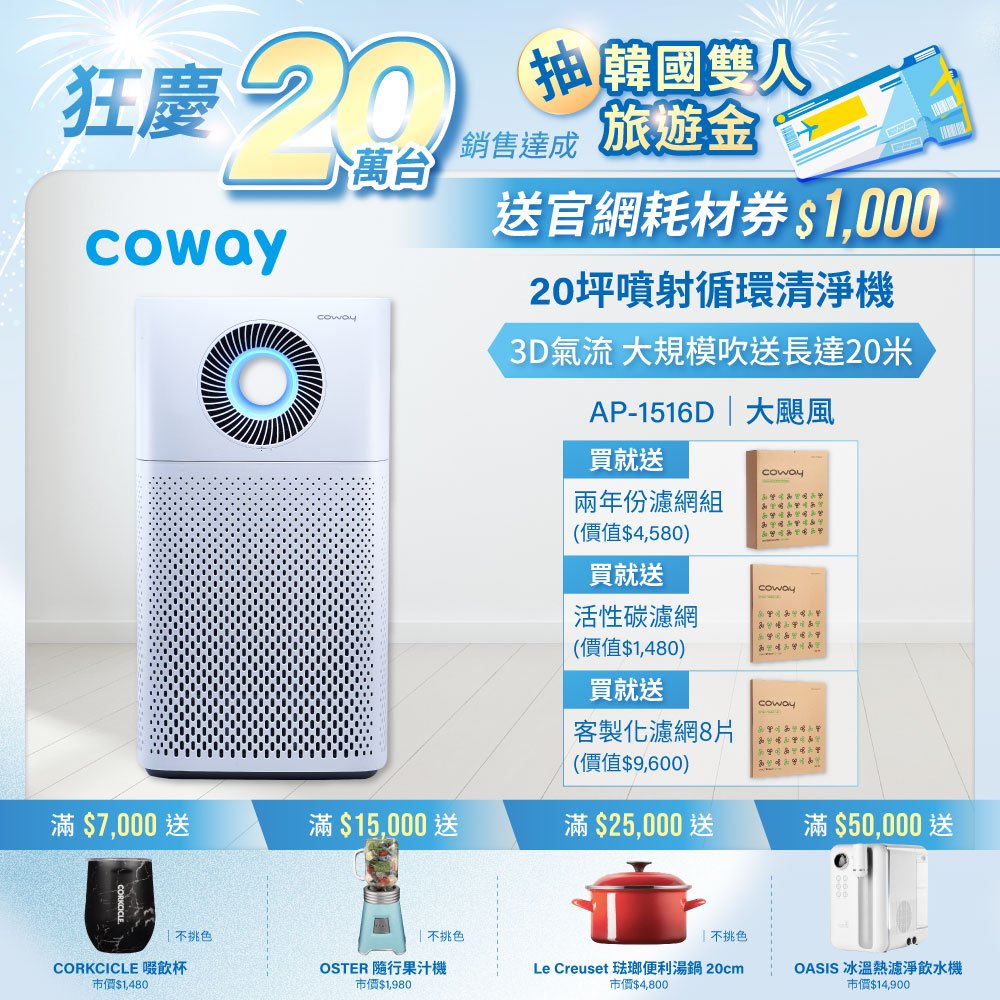 Coway  空氣清淨機 循環扇 複合式 AP 1516 D 四年免購耗材組+贈8片客製化濾網 一年保固 現貨 免運