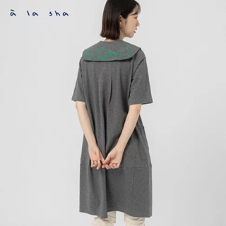 a la sha【全新、深灰SM】繡花水手領片短袖洋裝👗