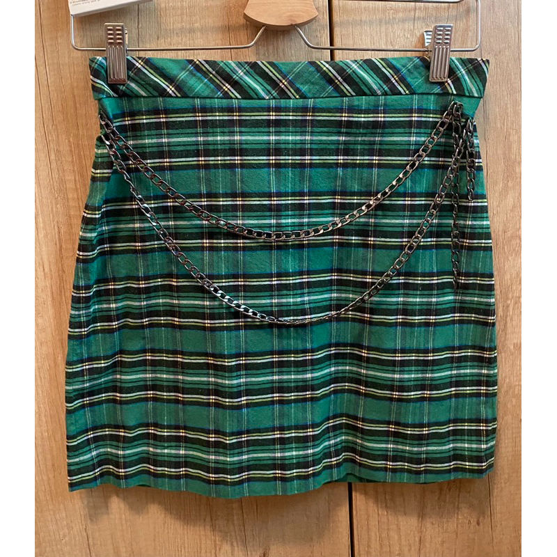 Zara 蘇格蘭 格紋 綠 黑 鍊條龐克搖滾個性設計短裙 尺寸M