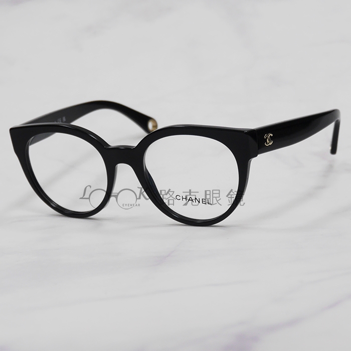 【LOOK路克眼鏡】 Chanel 香奈兒 光學眼鏡 黑色 圓框 附珍珠式樣鏈 CH3444 622