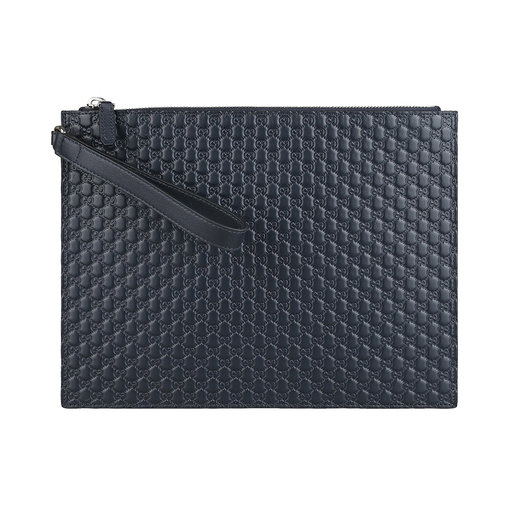 GUCCI Microsima雙G壓印LOGO牛皮拉鍊手拿包(午夜藍)