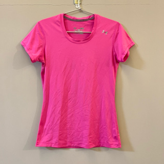 二手出清UNDER ARMOUR heat gear螢光粉紅粉色健身跑步重訓運動短袖圓領上衣 S