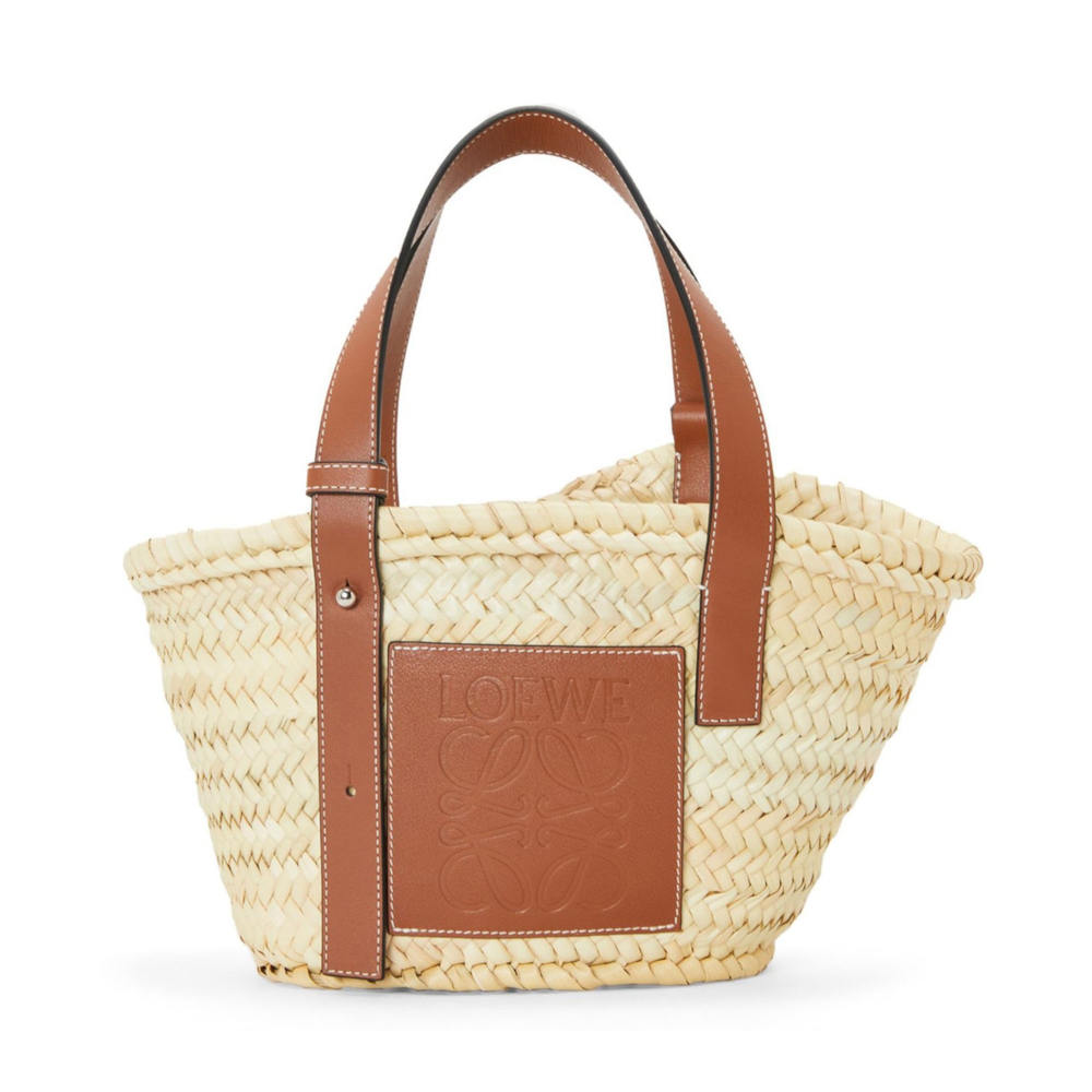【LOEWE 羅威】Small Basket 小款 棕櫚葉拼小牛皮 托特包 編織包 草編包 原色 棕褐色
