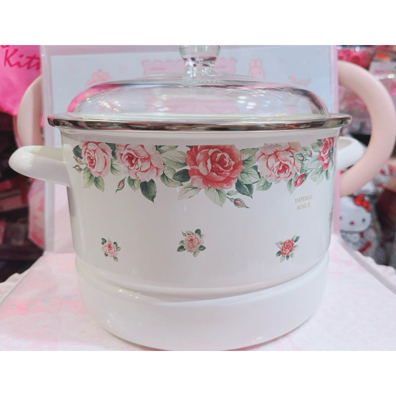 ♥小花花日本精品♥ Hello Kitty 玫瑰鍋 附蓋鍋子 煮麵鍋 雙耳鍋 20cm深鍋 琺瑯鍋11095408日本帶