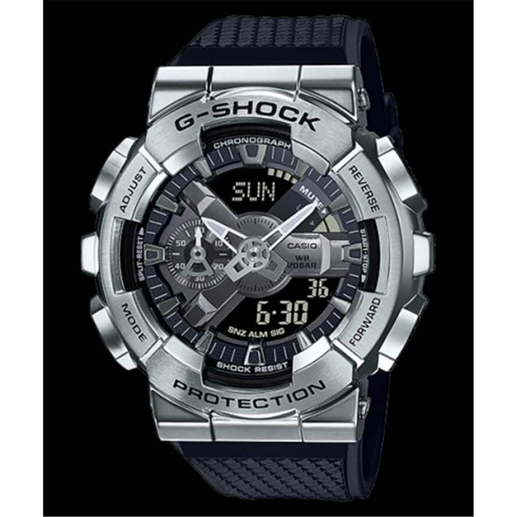 CASIO 卡西歐 G-SHOCK  強悍金屬錶殼 膠帶雙顯 運動電子錶 - 黑銀 (GM-110-1A )[秀時堂]