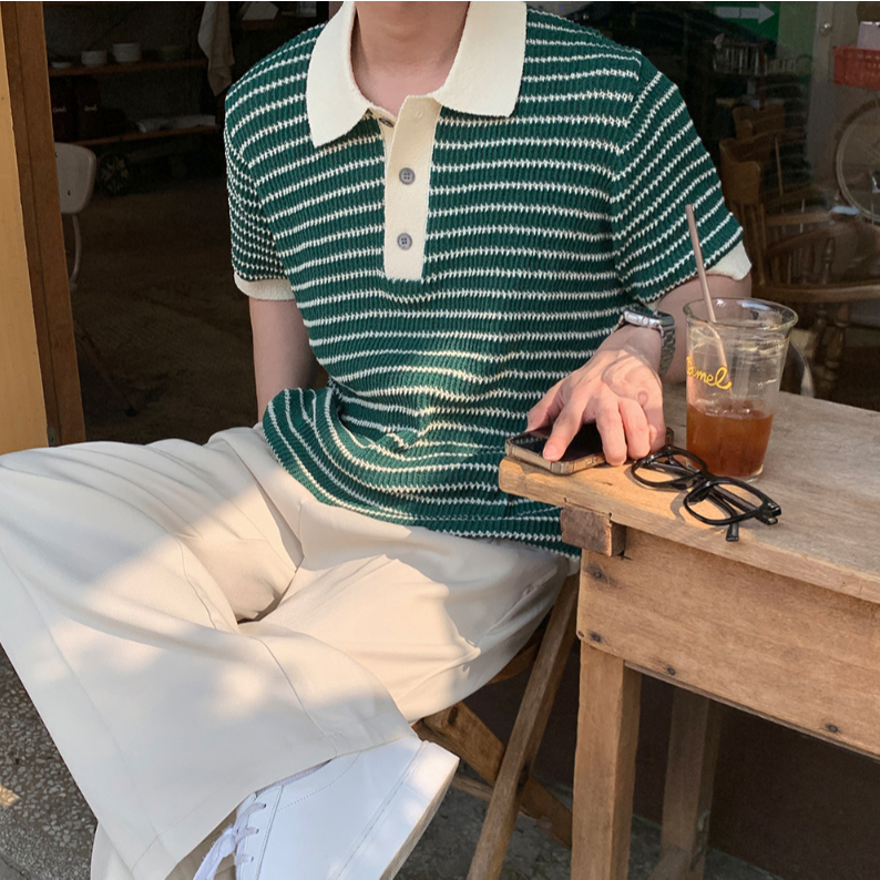 【Metanoia】韓國設計 翻領條紋針織短袖上衣