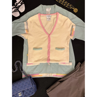 Chanel香奈兒 米黃 粉紅藍黃滾邊 短袖外套/粉紅色 三角鐵Logo 厚度 上衣