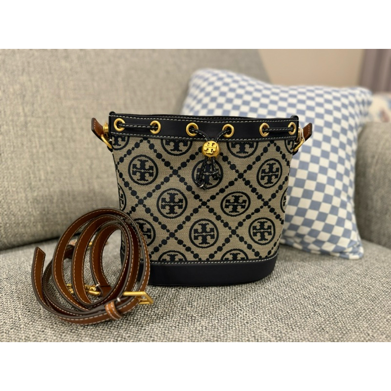 Tory Burch TB Monogram 老花深藍水桶包 全新