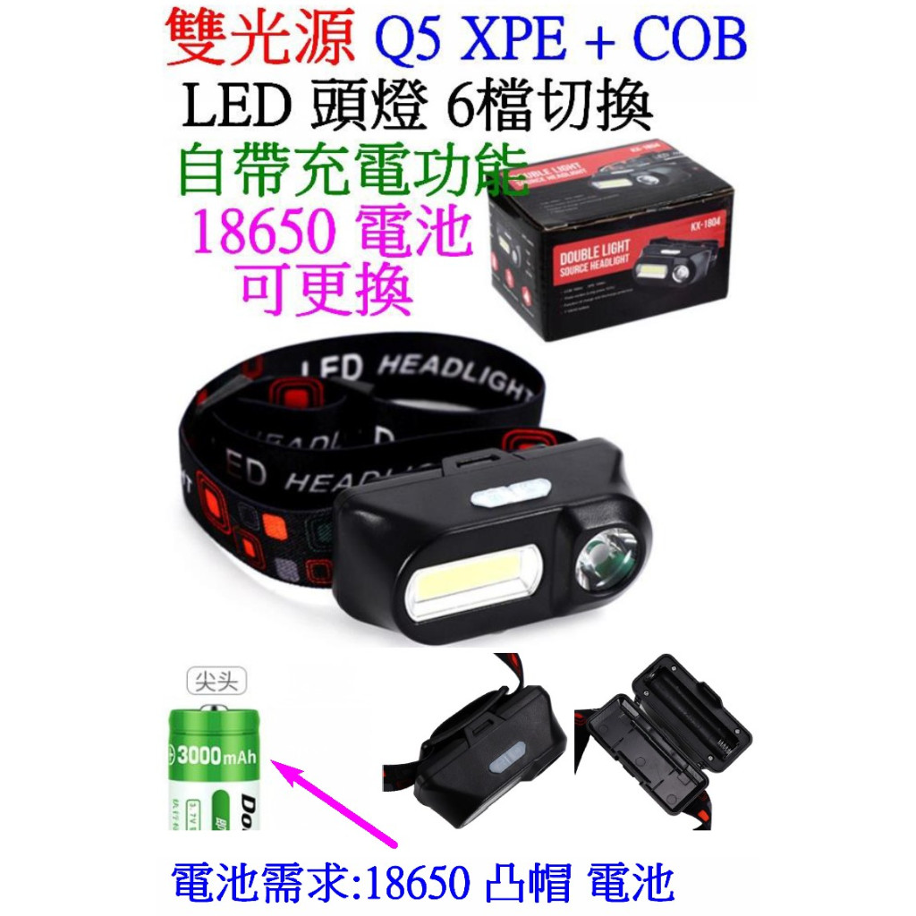 【成品購物】B00 雙光源Q5 XPE + COB LED頭燈 18650 工作燈 維修燈 照明燈 USB燈 露營燈