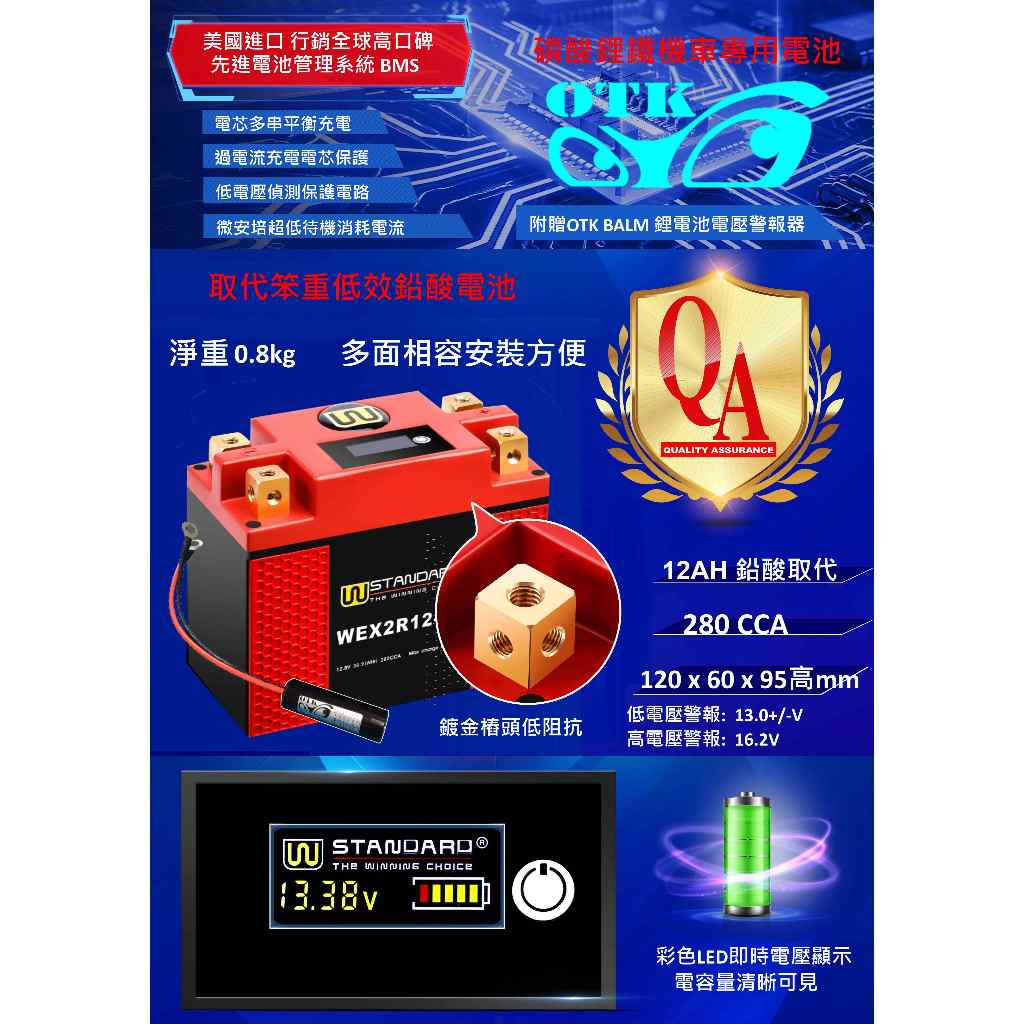W-standard 等效12AH啟動電流鋰鐵電池 + OTK  BALM電壓警報器 (300CC以下皆適用-高CP款)