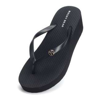 洛克熊夏季經典坡跟人字拖 楔型 5.5cm防水台女鞋 高質感厚底拖-黑色