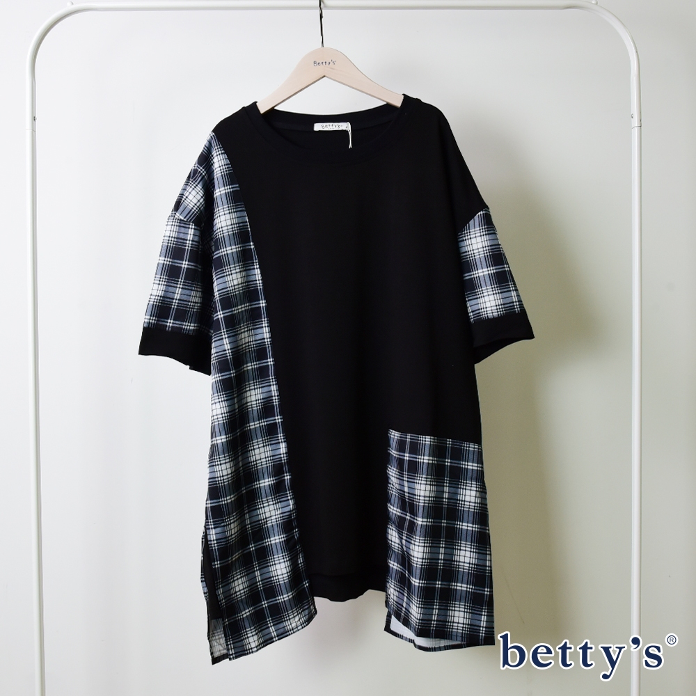 betty’s貝蒂思(05)格紋拼接長版上衣(黑色)