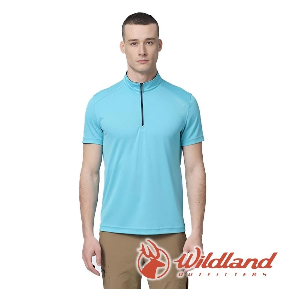 【wildland 荒野】男彈性拉鍊超涼感排汗短袖衣『冰河藍』W1638