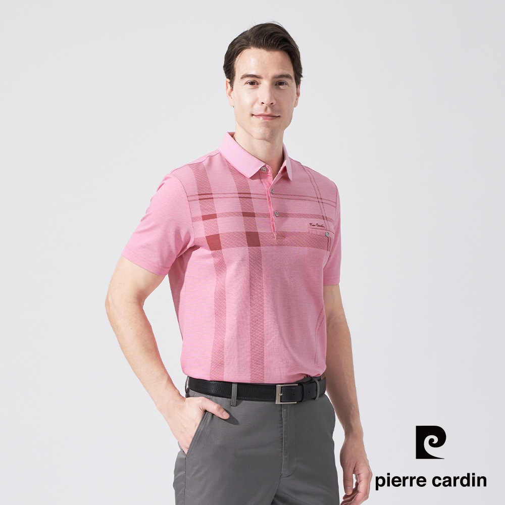 【pierre cardin 皮爾卡登】男款 網眼胸前大定位格印花短袖POLO衫-粉色 (5247260-75)