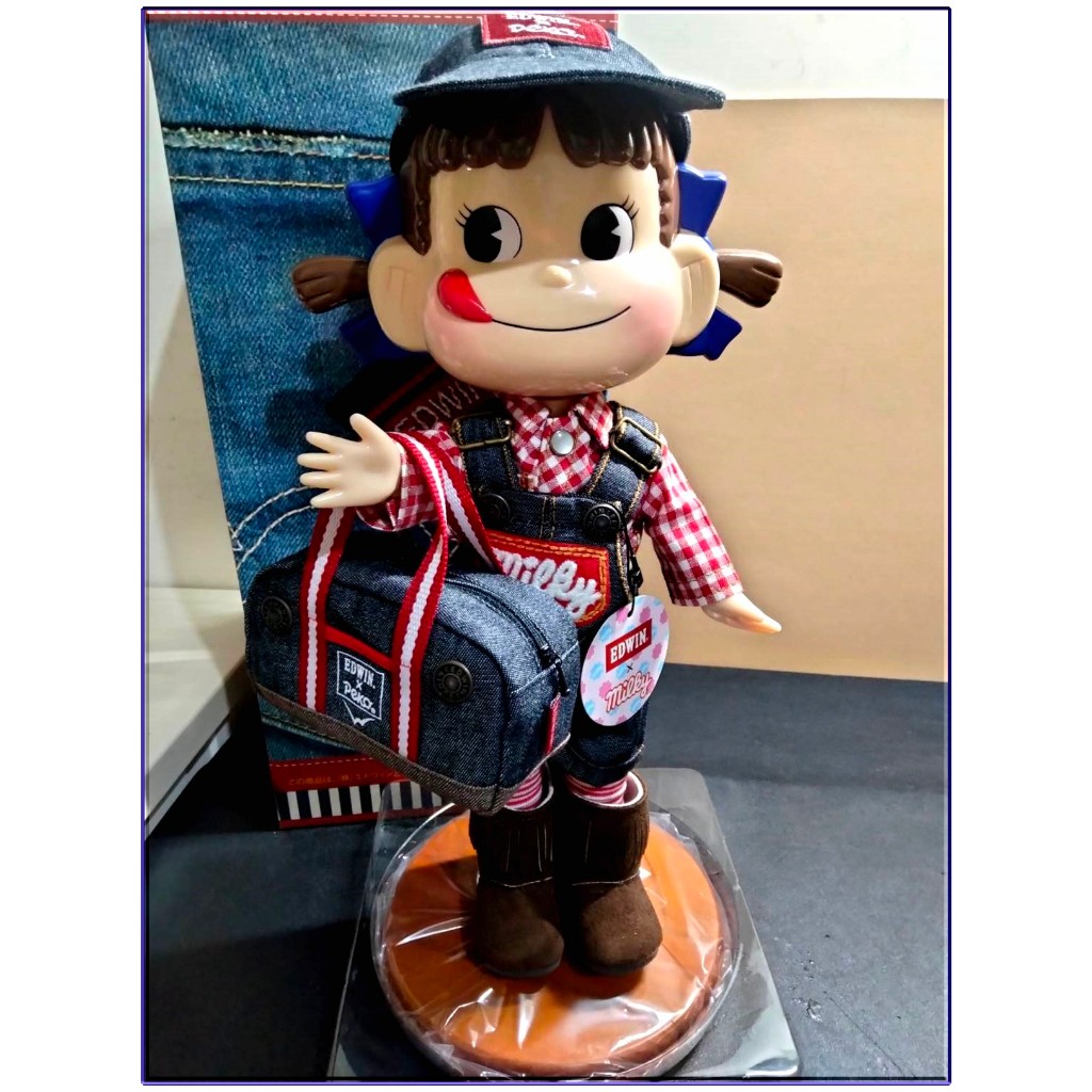 日本帶回正版絕版現貨-全新已拆封-不二家牛奶妹Peko Milky X Edwin 單寧牛仔褲棒球帽手提包玩偶人形