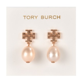 TORY BURCH Kira雙T珍珠墜飾穿式耳環(玫金)153006