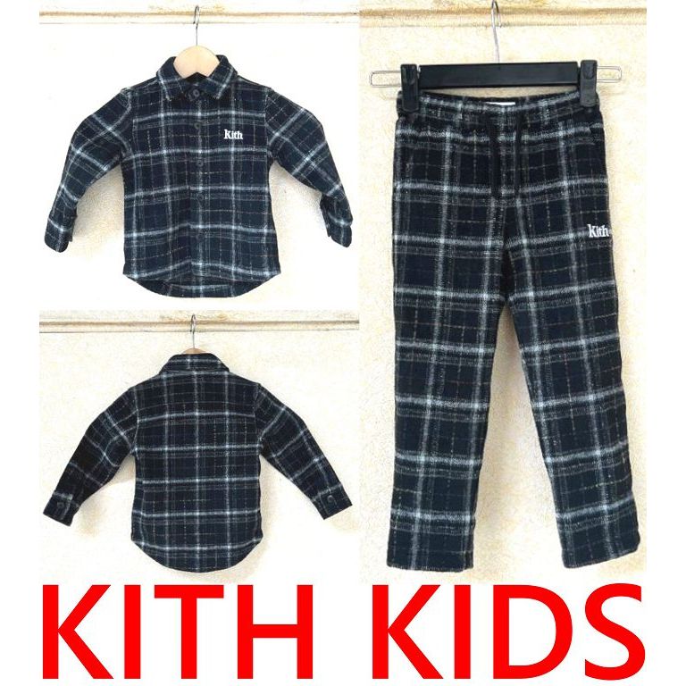 BLACK近全新KITH BABY KIDS小兒童裝蘇格蘭格紋襯衫+長褲套裝