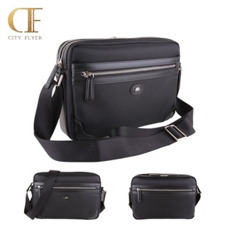【CITY FLYER】馬毛紋牛皮防潑水尼龍布包小橫式側揹包-黑色 CI-133201-1