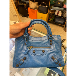 BALENCIAGA-Giant Mini City寶藍色小黑扣全皮機車包-309544-附防塵袋皮標吊牌